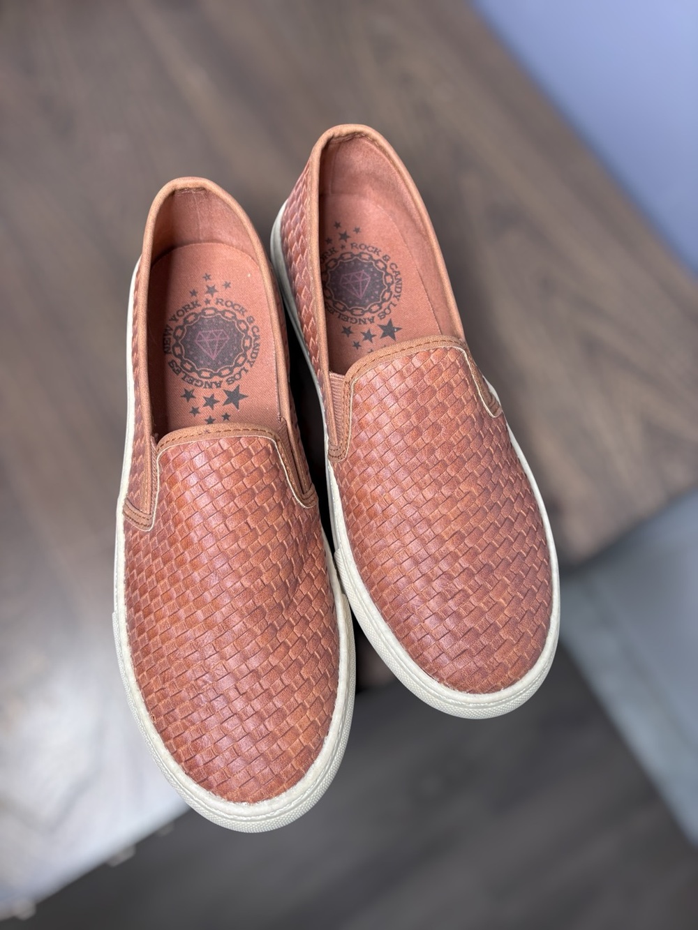Rock & Candy Ninette Brown Woven Faux Leather Slip On Shoes 8.5
